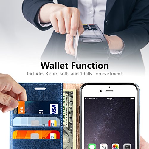 Belemay Iphone 8 Plus Wallet Case, Genuine Cowhide Leather Flip Case [Slim Fit] Folio Cover [Shockproof Soft Tpu Inner Case] Card Holder Slots, Kickstand, Cash Pockets Compatible Iphone 8 Plus, Blue #TOP3