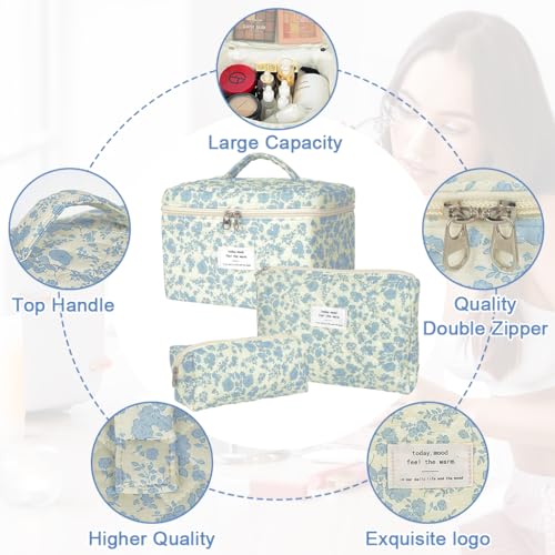 Image of MAYCREATE Makeup Pouch Bag 3pcs Makeup Organizer Bag Combo, Cosmetic Brush Makeup Pouch for Women, Quilted Cotton Large Floral Make Up Toiletry Bags for Travel