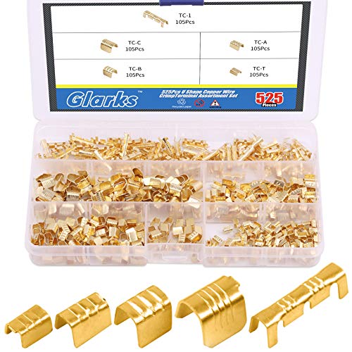 Glarks 525Pcs U Shape Copper Wire Crimpterminal Assortment Set Non-Insulated Copper Ring Spade Butt Lugs Open Barrel Connectors Kit #TOP10