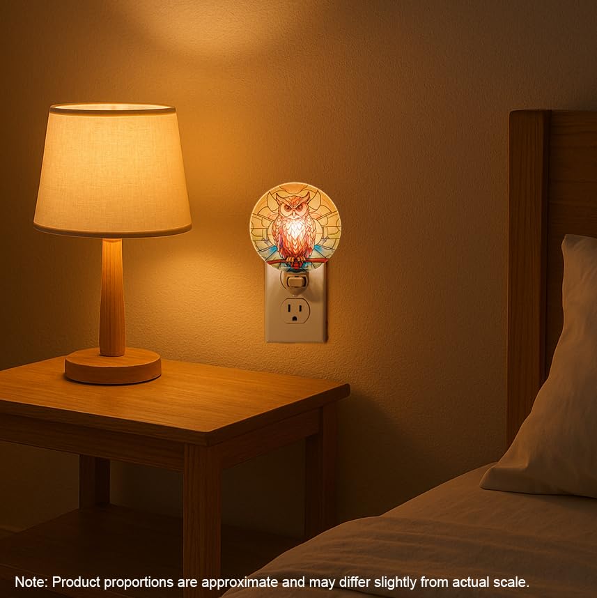 Image of Owl Night Light Vintage Retro Cottage Core Bird Figurine Plug in Wall On /Off Switch Tiffany Stained Glass Style