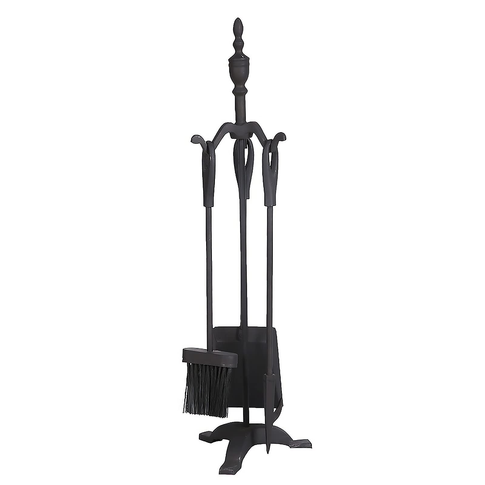 Juego de 4 herramientas para chimenea, accesorios de hierro fundido negro con ganchos, soporte, pala, cepillo de póquer, acabado moderno.