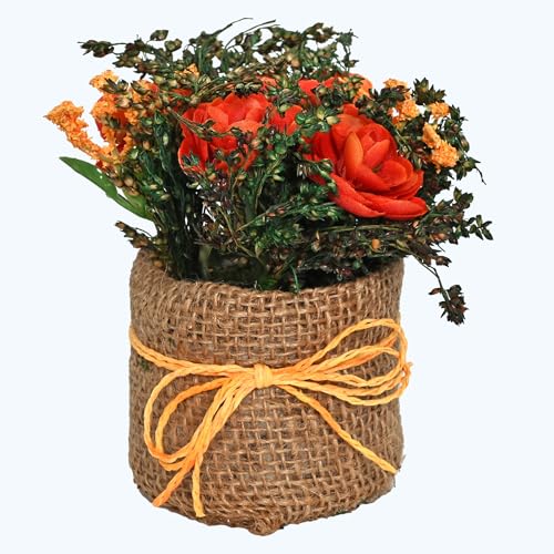 Image of Cortina Cylindrical Tea Red Rose Planter for Home Decor & Dining Table - Nordic Modern Boho Style Plastic Pot with Cloth Cover, Aesthetic Office Decor, 12 x 8 cm, Brown, 1 Pc