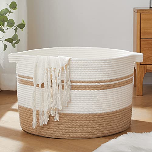 OIAHOMY Cotton Rope Basket 20x20x13 inches Laundry Basket Blanket Basket Baby Toy Basket with Handles Woven Baskets for Storage
