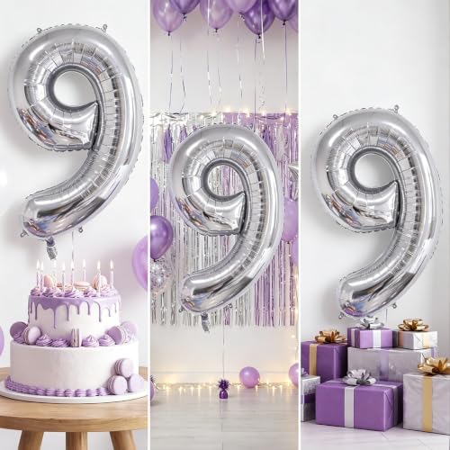 Image of Number Balloons Silver Party Balloon - Giant Number 9 Balloon, 40 Inch Large Balloon for Birthday Decorations, Silver Party Supplies for Anniversary