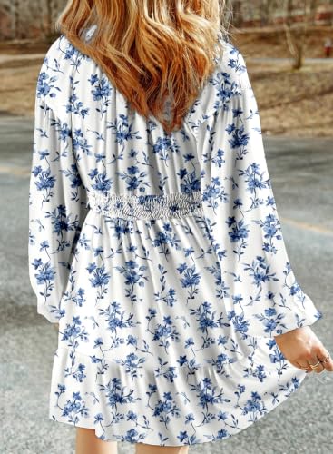 Image of Dokotoo Womens Dresses Boho Floral V Neck Long Sleeve Smocked Elastic Waist Casual A-Line Mini Dress Sundress