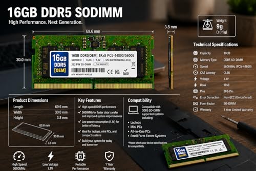 Image of 16GB DDR5 5600MHz OEM Laptop RAM Compatible with Samsung [Key Specs: PC5-44800 /5600B | 262-Pin SO-DIMM | CL46 | 1Rx8 | 1.1V | Non-ECC] | 1 Year Seller Warranty