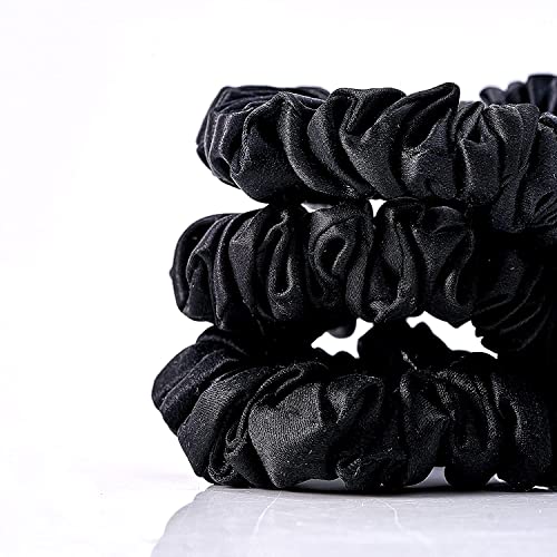 TPTMYCC Mulberry Silk Scrunchies Hair Ties 3 Pcs, 22 Momme Pure Mulberry Silk Scrunchies For Women and Girls' Hair,hair friendly, Luxurious Elastic Hair Tie Set (BLACK)