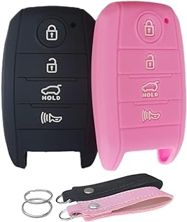 waymei Silicone Key Fob Cover Remote Keyless Case Protector Compatible with 2013-2018 Kia Forte Forte Koup NIRO Optima Rio Sorento Soul Sportage (4 Buttons Black & Pink)