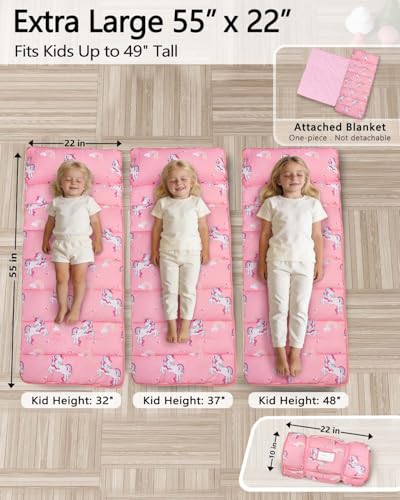 Image of Primlect Thickened Toddler Nap Mat with Removable Pillow and Minky Blanket, Extra Large 55''x35'' Sleeping Bag, Washable, Roll up, Perfect for Daycare, Preschool, Kindergarten, Boys and Girls Pink