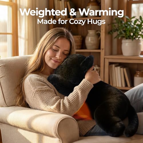 Image of Mewaii Weighted Stuffed Animals 5 lbs Adjustable, Heated & Coolable 23 Inch Plush for Realistic Hug, Microwavable Removable Inner Pad, Cat Gifts for Adults & Kids (Black)
