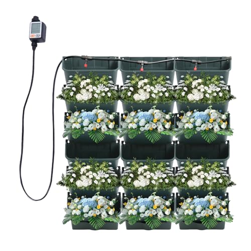 Self-Watering Wall-Mounted Planter, 18 Pots Wall Mounted Plastic Plant Grow Pot Vertical Garden Planter with Intelligent Control & Adjustable Irrigation System for Indoor Outdoor (Green, 18 Pots)