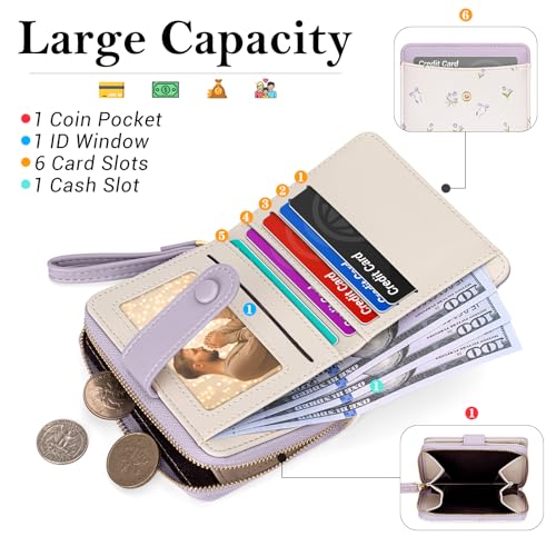 Image of BIAOTIE Wallet for Women Cute Floral Flower Wallet RFID Credit Card Holder Purse Small Bifold Zipper Coin Pocket Purse with ID Windows (T- Lavender)