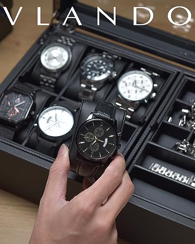 VLANDO Uhrenbox Uhrenkasten mit Glasdecekel, Watch Box für Herren, Uhrenaufbewahrung Schmuckaufbewahrung, Multifunktionale Uhrenvitrine mit 6 Uhrenkissen – Bild 7