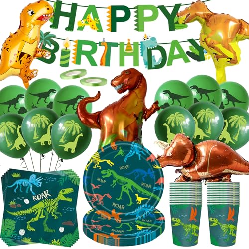 Dino Geburtstag Deko Set 80 Stück Dinosaurier Partygeschirr mit Große Dino Folienballon Partyzubehörset Dinosaurier Pappteller Tassen Servietten banner Luftballon Jura Party Deko 20 Gäste