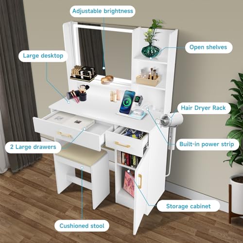 Image of QUALIKRAFT Widescreen Vanity Set with LED Mirror & Stool, Makeup Desk with Built-in Power Outlet, 2 Drawers & 6 Shelves, Wide Lighted Dressing Table