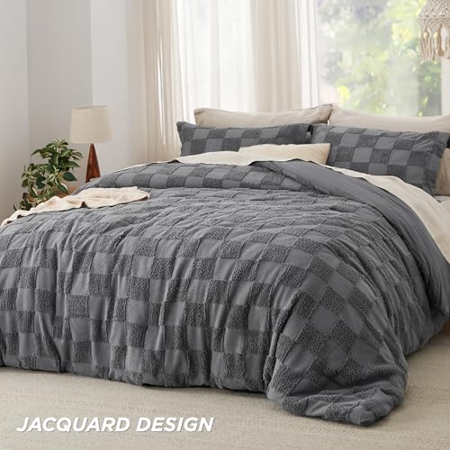 Image of Bedsure Dark Grey Queen Size Comforter Set, Boho Tufted Bed Set, Checkered Farmhouse-Style Distressed Vintage Bedding, 3 Pieces, 1 Plaid Geometric Comforter and 2 Pillow Shams