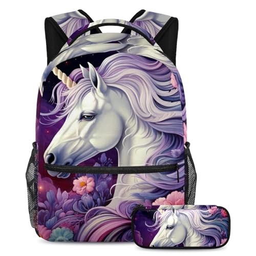 Sac à dos licorne violet 2 pièces avec trousse pour l'école et les voyages