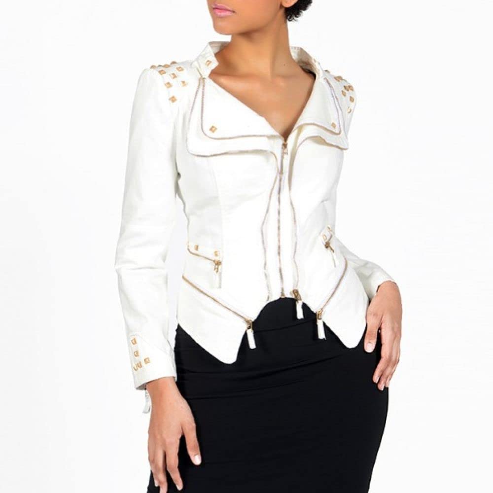 TOMPPYDenim Jacket, Women'S Denim Jacket Fashion Slim Long Sleeve Zipper Lapel Jean Biker Coat Vintage Distressed Splicing Short Shrug Denim Coat Punk Stud Embellished Outwear Streetwear,White,S