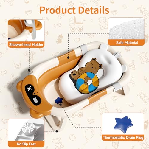 Image of Collapsible Baby Bathtub for Newborn to Toddler (0-18 Months) - Foldable Baby Bath Tub with Soft Towel, Newborn& Infant Bathtub for Travel and Outdoor, Brown