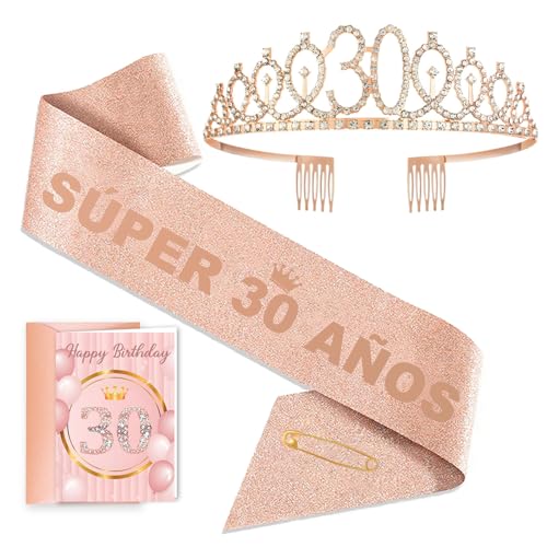 Toctax Kit Regalo Cumpleaños 30 Años Mujer, Banda Super 30 Años, Tiara 30, Tarjeta y Sobre. Ideal como Regalo y Decoración para Fiesta