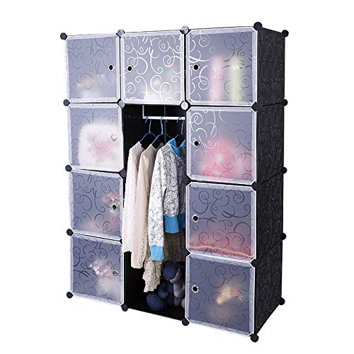 Aufun armadio portatile fai da te,armadio combinato modulare, armadio pieghevole,sistema di scaffali senzasalvaspazio, cubo ideale per riporre libri, giocattoli,file111 x 37 x 147 cm(12cubi, nero)