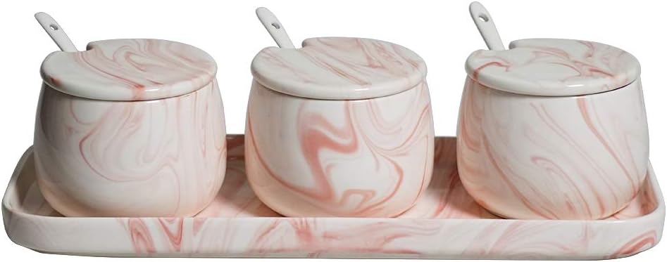 Sugar Bowl, Ceramic Pink White Marble Sugar Bowl with Lid and Spoon for Home and Kitchen-Sets of 3