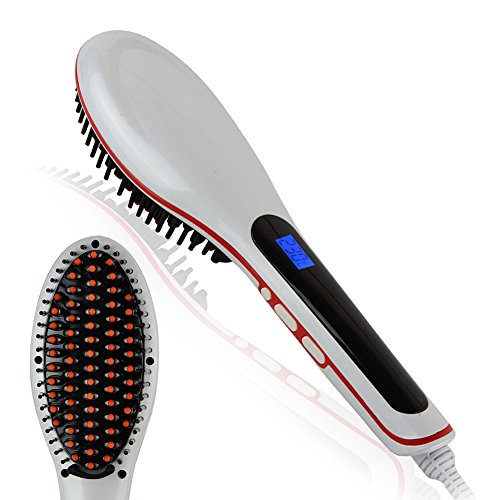 NewPollar Anti Static Ceramic Hair Straightener Brush Comb - Instant Heating Detangling Paddle Brush - For Faster Professional Straightening Styling - LCD Display - Negative Ion Brush - Auto Massager