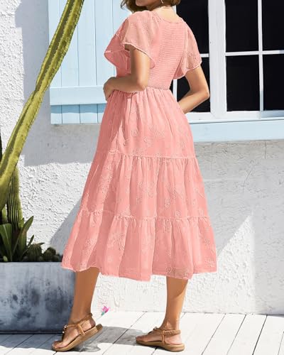 Image of Pinup Fashion Maternity Summer Dress Baby Shower Easter Pregnancy A-Line | Smocked V-neck, flutter sleeves, breathable floral fabric, bump friendly, perfect for photoshoot, spring casual,postpartum
