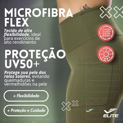 ELITE Legging Academia com Bolso Zero Transparência Cintura Alta Proteção UV 50+ Microfibra Poliamid