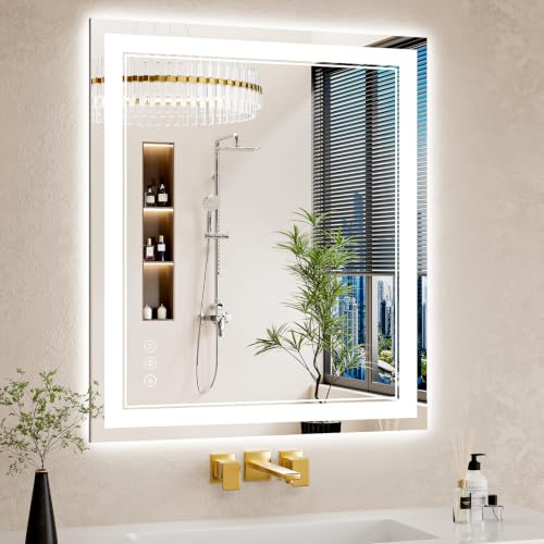 28X32 LED Bathroom Mirror with Lights, Anti-Fog, Backlit + Front Lit, Dimmable, Led Vanity Mirror for Wall, Lighted Bathroom Mirror, 3 Colors, Shatter-Proof Tempered Glass