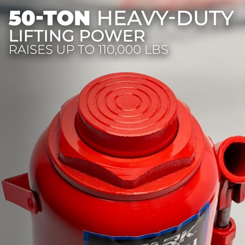 Image of XtremepowerUS 50 Ton Hydraulic Bottle Jack 100000 lb Capacity, Heavy Duty Low Profile Automotive Shop Axle Lift Jack for Trucks, Buses, Trailers, RVs & Farm Equipment, Red