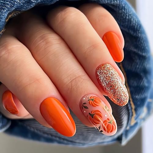 24 Pcs Medium Orange Press on Nails - Oval Shape Fake Summer Fall Pumpkin Glue on With Glitters Designs - Acrylic False Cute Finger Manicure Stick on for Women and Girls