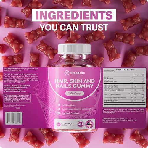 Image of Rosabella Hair Growth Gummies for Women & Men - Vegan Hair Gummies with 5000mcg Biotin - Hair Vitamins for Strong, Healthy-Looking Hair - Gummy Biotin Supplement (60 Count (Pack of 3))