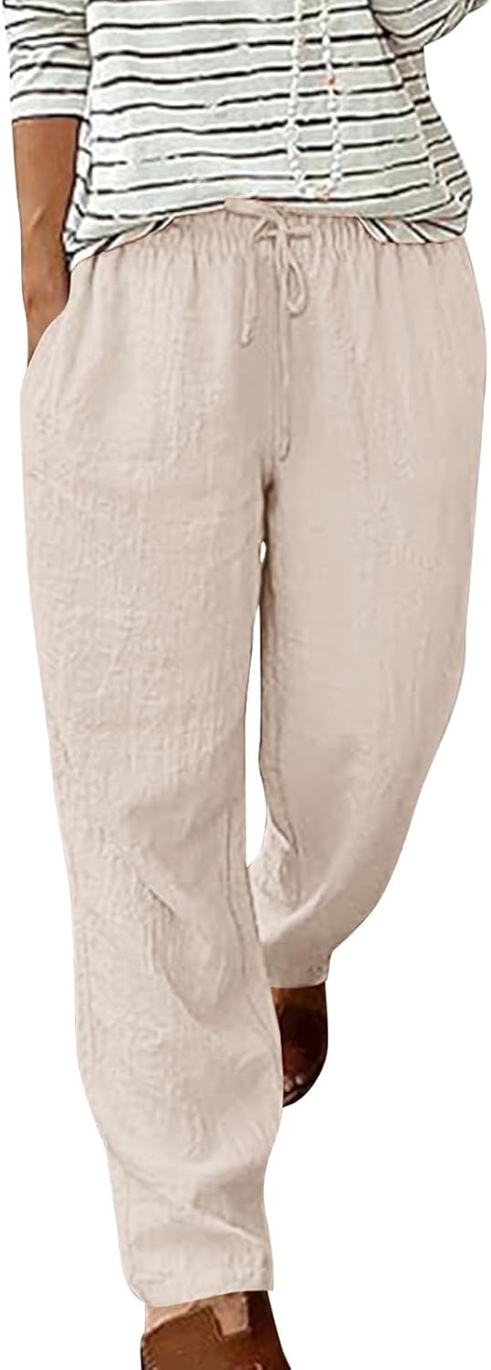 Womens Cotton Linen Wide Leg Beach Pants Loose Trousers with Drawstring Elastic Waist Solid Color Resort Outfits