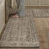 PureCozy Kitchen Mats 2PCS Anti Fatigue Cushioned Mat Brown Vintage Kitchen Mats for Floor Waterproof Non Slip Comfort Standing Distressed Rug for Sink Laundry Office 17.3'x47'+17.3'x30'