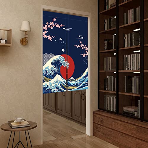LIGICKY Japanese Noren Doorway Curtain Ukiyoe Hokusai The Great Wave Off Kanagawa Sun Cherry Blossoms Printed Window Treatment Door Tapestry for Home Restaurant Decoration 85 x 120 cm - Image 3