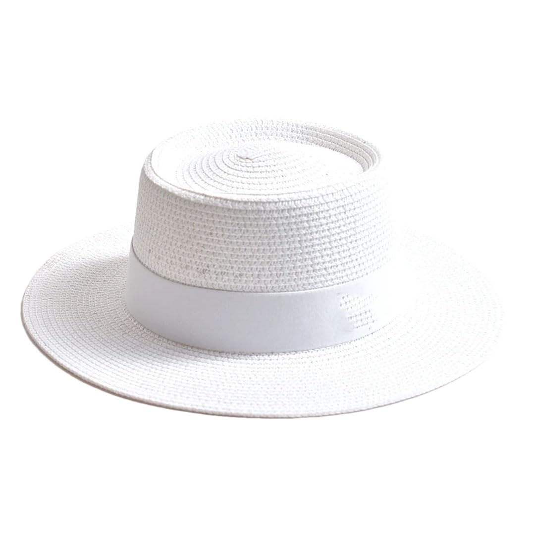 EYRMQWJPC Wide Brim Sun Hat, Women Summer Straw Sun Hat Flat Brim Ribbon Beach Travel Dress Multicolor(White)