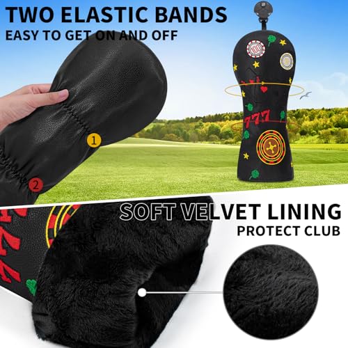 777 Playing Cards Funny Headcover - PU Leather Golf Club Cover with Embroidered Finish, Set Fits Driver Fairway Hybrid Woods (Black-Hybrid) - image 4