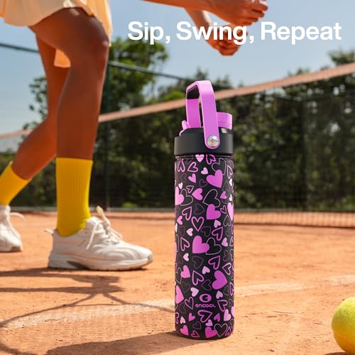 Image of ENCOOL Insulated Water Bottle with Straw Stainless Steel Water Bottle, Leak-Proof, BPA-Free, Keeps Cold for 24 Hours for Sports, Travel, School (26 oz, Sweet Hearts Violet x Black)