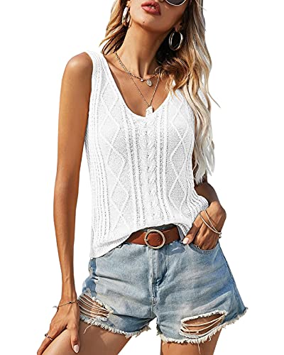 Image of Soulomelody Womens Summer V Neck Tops Knitted Sleeveless Tank Top Cable Knit Sweater Vest Casual Solid Tee Shirts