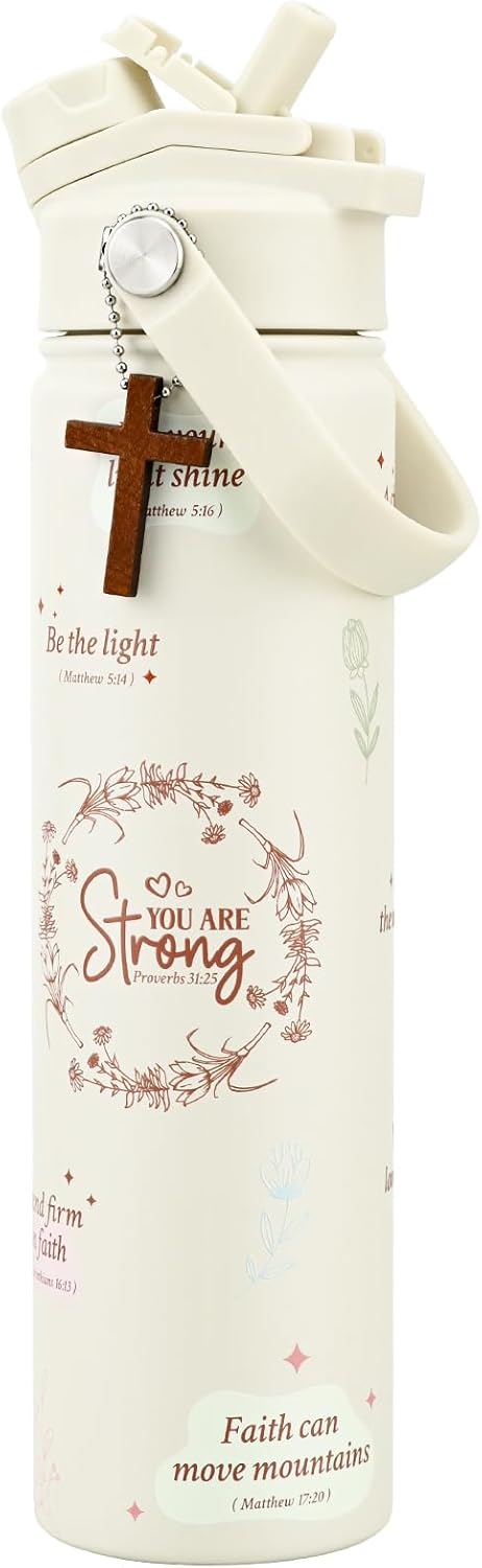 24 oz Christian Water Bottle, 2-in-1 Lid, Straw & Spout, Insulated, Leak Proof, Keep Cold, Stainless Steel, Metal, Reusable, Birthday Gifts for Christian Women, Cupholder Friendly, Christian
