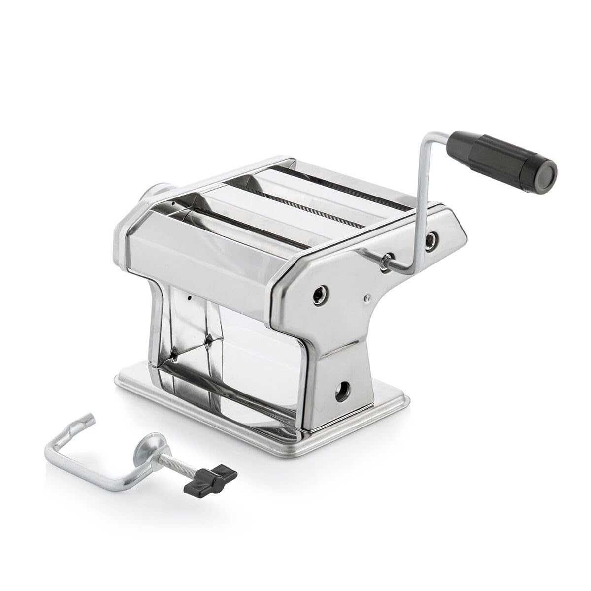 Máquina de pasta fresca manual, laminadora de acero inoxidable 3 rollos espaguetis Tagliatelle Lasaña, grosor ajustable de 8 niveles, manivela extraíble, fijación antideslizante, 21 × 13,5 × 19,5 cm
