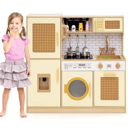 Cocina Realista para Niños con Grifo Giratorio de 360°, Hornillo y Cafetera con Efectos de Sonido y Luz, Cocina de Juguete con Armarios de Almacenamiento y Ollas para Niños de 3+ Años (Amarillo)