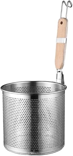 DOITOOL Cesta de malla para pasta con mango de madera, colador de araña de malla de acero inoxidable para pasta, fideos, albóndigas, cesta de pasta