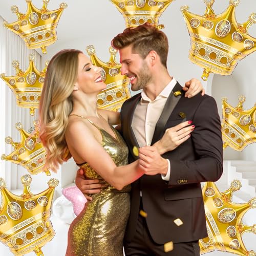 Image of 10pcs Gold Crown Balloons, Gold Crown Foil Balloons, Large Aluminum Foil Balloon With Two Sizes For Birthday Baby Shower King Royalty Theme Party Wedding Bachelorette Engagement Decorations