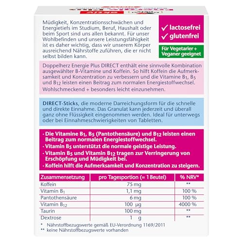 Doppelherz Energie Plus Koffein + Taurin + B-Vitamine DIRECT – Mit Vitamin B1, B5 (Pantothensäure) und B12 als Beitrag zum Energiestoffwechsel – 20 Portionsbeutel