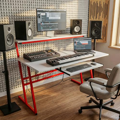 Image of FFO Music Studio Desk with Keyboard Tray Multipurpose Office & Study Table | Workstation Desk for Home, Office, Music Studio, Piano & Instruments Durable Desk with 1 Year Warranty DIY - White /Red