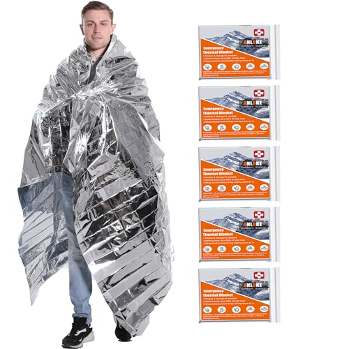 Emergency Blankets Mylar Thermal Blanket-(5 Pack) of Gigantic Space Blanket 82 * 64 in. Survival Blankets Heavy Duty Camping Gear,First Aid…