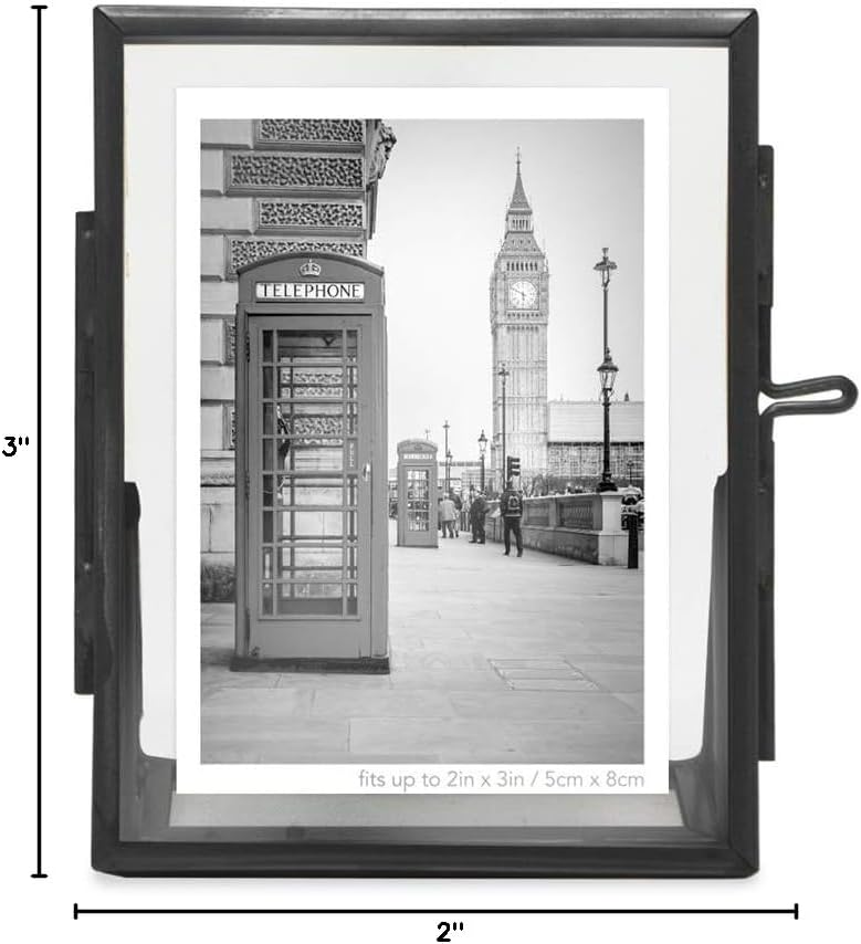 Isaac Jacobs 2x3, Black, Vintage Style Brass and Glass, Floating Photo Frame, Metal, (Vertical), with Locket Closure and Angled Base, for Pictures, Art, Mementos, Keepsakes, 2 Pack (2x3, Black)