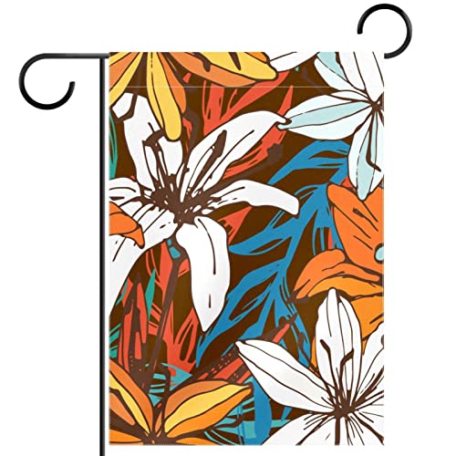 Drapeau de jardin vertical double face motif fleur de lys orange blanc décoration extérieure